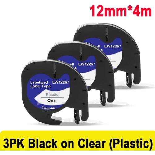 Labelwell 12mm*4m Printer ribbons Plastic 12267 Black on Clear compatible for Dymo Letratag LT Label Maker LT-100H LT-100H Plus