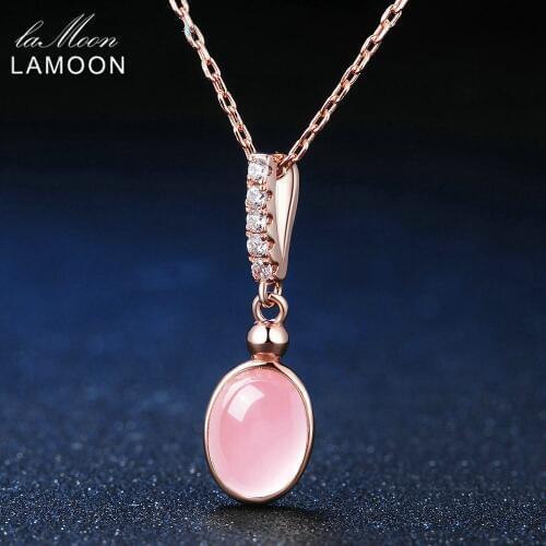 LAMOON 925 Sterling Silver Necklace Gemstone Oval Rose Quartz Pendant Necklace 18K Rose Gold Plated Fine Jewelry LMNI009