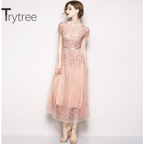 Trytree 2020 Summer Woman Casual Dress O-neck Patchwork Mesh Embroidery A-line Lace Fashion Elegant Pink Mid-Calf Dress