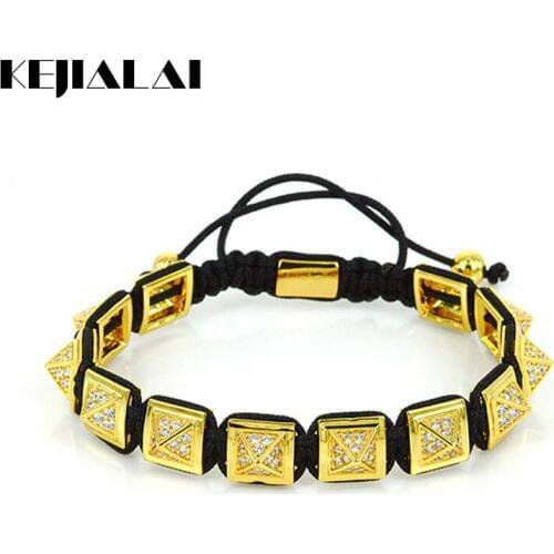 Famous Brand Men Bracelet Square Shape Spikes Braiding Macrame Bracelet 10*10*8mm Square Beads with White CZ Punk Rock Jewelry