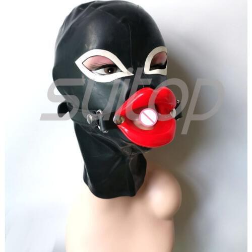 Catsuitop New latex masks with soft red lip belt in black and white trim