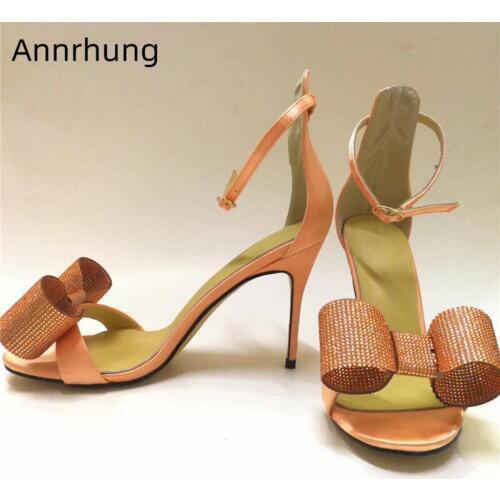 Luxury Satin Butterfly-knot Party Sandals Women Thin High Heel Open Toes Ankle Strap Cover Heels Rhinestone Sandalias Mujer