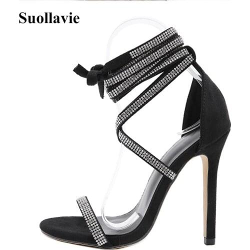 Suollavie luxury crystal women sandals ankle ring narrow band Rhinestone female shoes lace-up sandals women hot party high heels