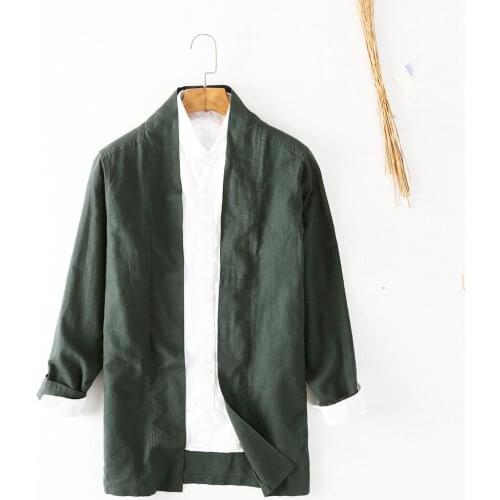 Casual Loose Japanese Cotton Linen Shirt Men Retro Green Long Sleeve Tops Boys Open Stitch Summer Harajuku Shirt Oversized Xxl