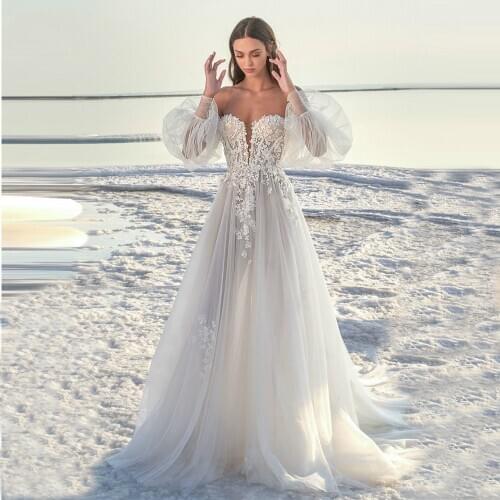 A Line Silk Tulle Wedding Dress Long Puff Sleeve Floral Applique 2020 Bridal Dress Beach Off Shoulder Sexy Wedding Gowns
