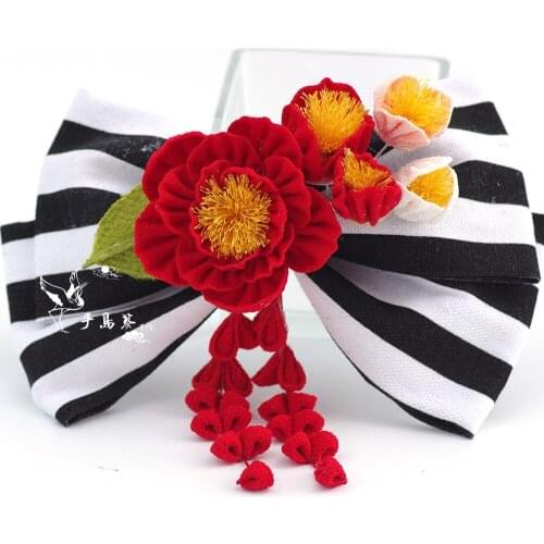 Handmade Japanese kimono silk Bridal Lolita black white camellia large bow hairpin hairclip Horquilla nupcial japonesa