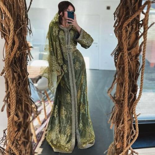 Green Lace Moroccan Caftan Summer Dress Floor Sleeves Prom Dress With Applique Special Occasion Dubai Saudi Arabia Evening Dress