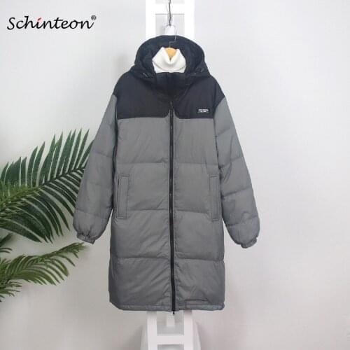 Schinteon Women Men White Duck Down Long Jacket Casual Patchwork Drawstring Loose Over Size Winter Warm Lovers Outwear with Hood