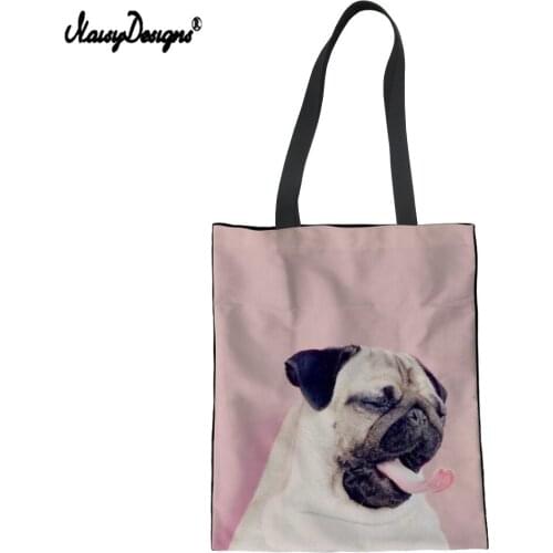 NOISYDESIGNS Cartoon Cute Pug Dogs Print Canvas Women Tote Bag Reusable Shopping Bag for Ladies Eco-friendly Bag Girls Beach Bag