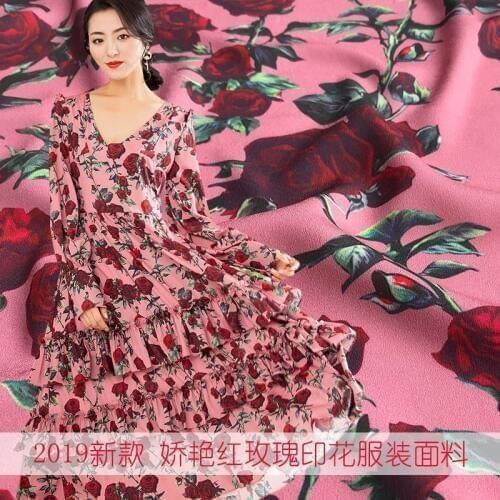 100x145cm Fashion Red Rose Print Pink Thin Chiffon Fabric For Woman Girl Summer Long Dress DIY Sewing