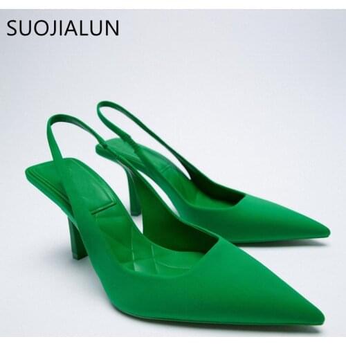 SUOJIALUN Autumn Women Slingback Sandals Thin High Heel Pumps Shoes Ladies Elegant Shallow Pointed Toe Mules Slip On Party Shoes