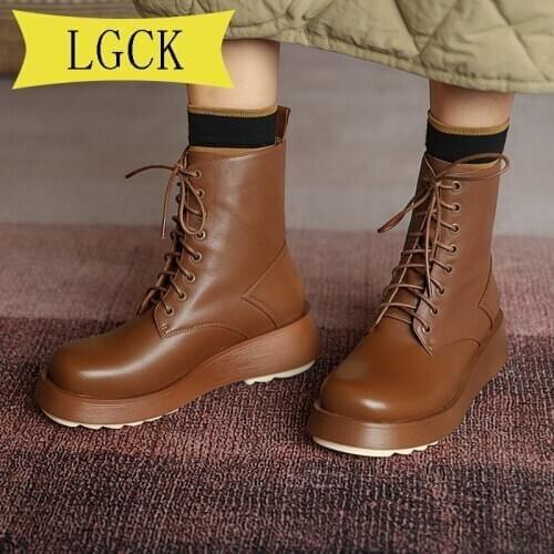 Plus Size 34-39 Horsehide Boots Ladies Genuine Leather Ankle Boots Shoes Winter Fur Lining Boots Female Motorcycle Shoes Women