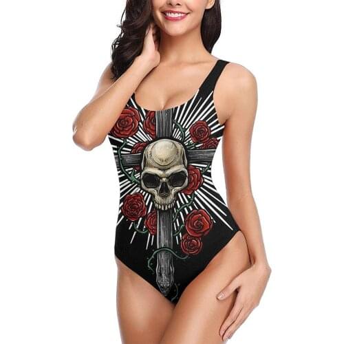 Whiteandnavy Roses Skull Womens Swimsuits One-Piece Swimsuit Cover Up Women Athletic Training Swimwear Bathing Suits