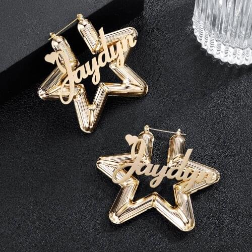 Five-Pointed Star Big Name Earrings Customize Bamboo Hoop Earring Stainless Steel Women Earrings With Statement Words Number