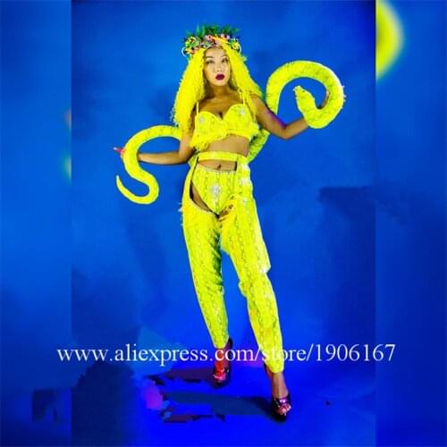 Female Sexy Fluorescent Costume With Snake Wigs Nightclub Stage Performance Party Clothes Halloween Event Props Dance Suit