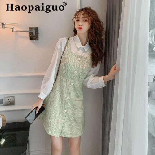 Big Size Womens Casual Elegant Autumn Two Piece Set White Long Sleeve Blouse and Sheath Bodycon Wrap Tanks Dress Women Suit Set