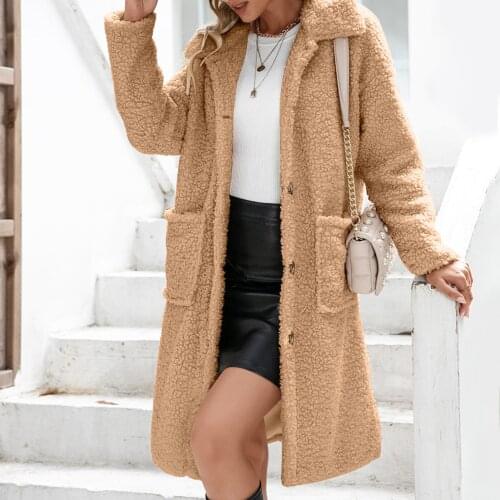 Women Faux Fur Long Coat Fuzzy Fleece Turn Down Collar Button Down with Pockets Ladies Fashion Warm Winter Loose Jacket Outwear
