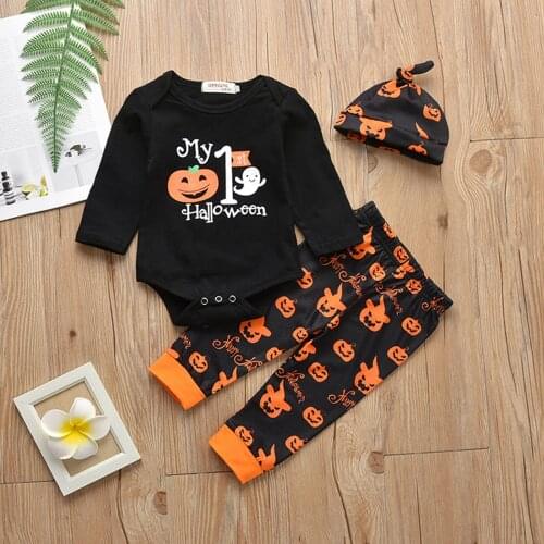 0-18mo) ChildrenS Suit Fall Hot Style Halloween Solid Color Printed Romper + Printed Trousers + Hat Set платье летнее 50