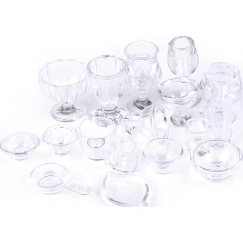 17Pcs/Set Mini Transparent Kitchenware Toy Drink Cups Dish Plate Tableware Miniatures DIY Pretend Play