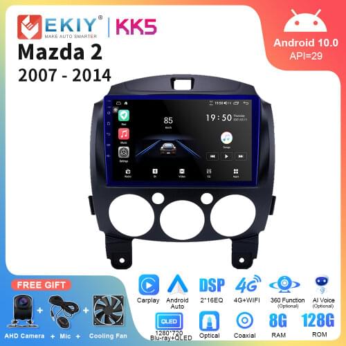 EKIY QLED 1280*720P Car Multimedia Android 10.0 Auto Radio For Mazda 2 2007-2014 GPS Navi Stereo Audio Video Player Head Unit