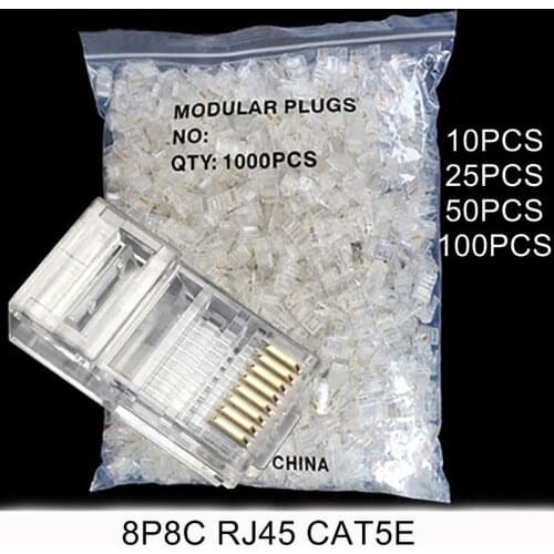 Free shipping 8p 10/25/50/100 PCS Gold plated RJ45 Net Network Plug Cat5 Cat5e Connector (Clear) for Gigabit Ethernet connection