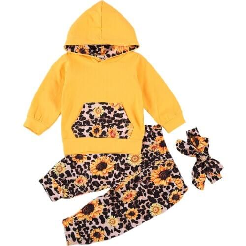 Baby Girl’s Long-sleeved Trousers Suit Fresh Leopard Sunflower Print Hooded Sweatshirt Elastic Long Pants and Headband