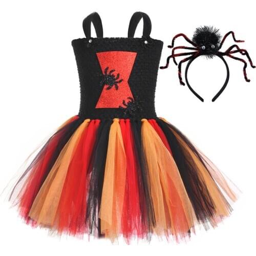 Kids Poisonous Widow Spider Halloween Costumes for Girls Masquerade Party Cosplay Costume Girls Tulle Dress with Spider Headband