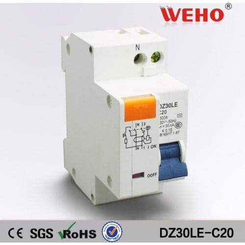 DZ30LE-C20 20A Rcbo AC Residual Current Operated 1 Phase 20A 400V Residual Current Device