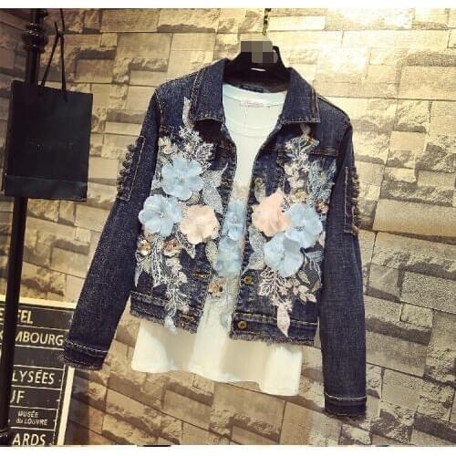Spring autumn womens casual blue peony embroidery broken hole jacket female vintage slim Jean jacket TB3389