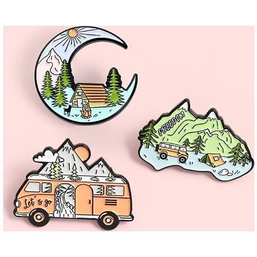 Fashion Cartoon Camping Car Badge Creative Mountain Hut Tent Metal Enamel Brooch Cute Lapel Backpack Jewelry Accessories Gift