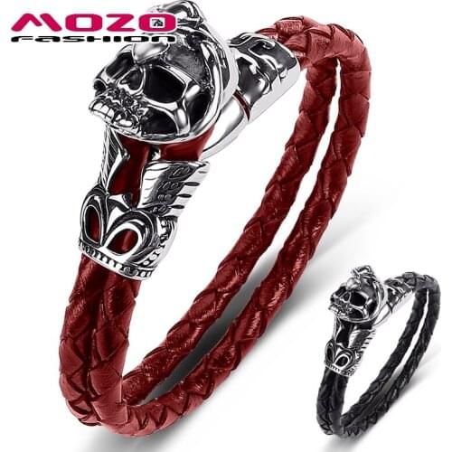 MOZO FASHION 2021 Men Black Genuine Leather Bracelet Stainless Steel Skull Skeleton Punk Charm Gift Women Wholesale Jewelry 520