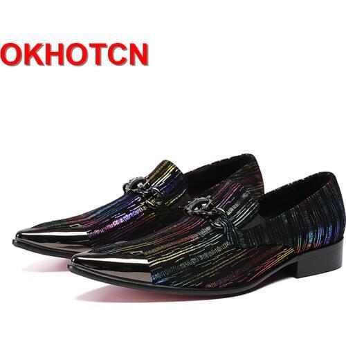 Metal Pointed Toe Mens Leather Shoes Fashion Striped Pattern Glitter Shoes Italian Crystal Hoops Shoes Dress Mens Lofard Shoes