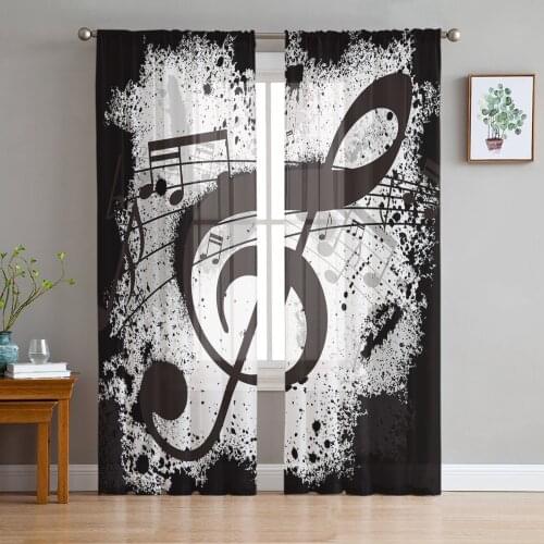 Music Notes Dot Drop Quaver Black Tulle Window Treatment Sheer Curtains for Kitchen Living Room the Bedroom Curtains Decoration