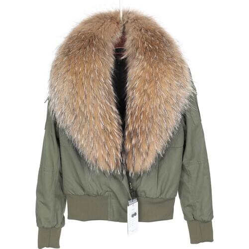 New Raccoon Fur Big Collar Army Green Winter Warm Short Jacket Flight Suit Slim Pike Womens