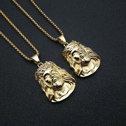 Hip Hop Rhinestones Paved Bling Iced Out Gold Color Stainless Steel JESUS PIECE Pendants Necklace for Men Rapper Jewelry