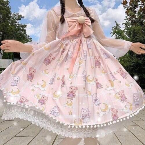Lolita Dress Blue Pink Yellow JSK Cute Bear Rabbit Printing Daily Sling Dress Sweet Cute Kawaii Girls Princess Tea Party loli