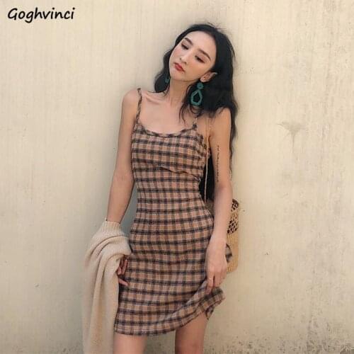 Dress Women Skinny Hot Above Knee Sexy Spaghetti Strap Summer Female Brown Plaid Vintage Leisure Street Simple Sundress Popular