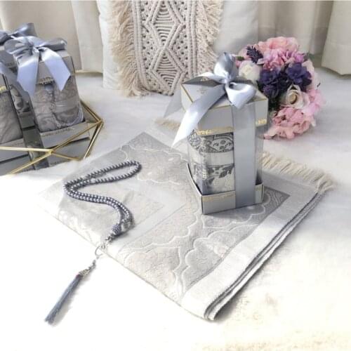 Islamic Gifts Çırağan Series Prayer Rosary Gift Set Gray Hajj Umrah Mawlid Muslim Gift Prayer Rug Set