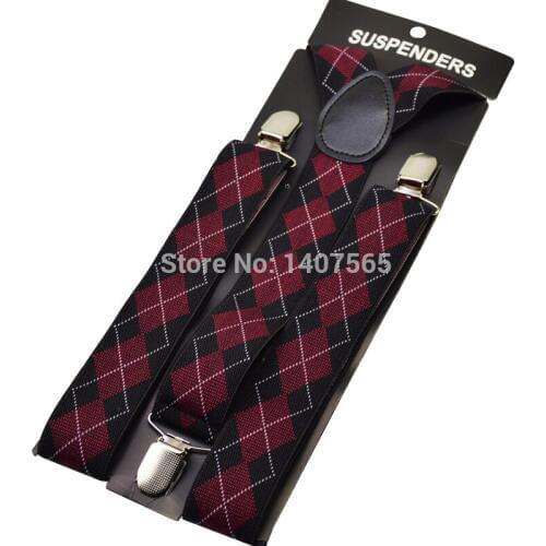 120cm Mens Suspender 3.5cm wide women Big plussize Suspenders 3 Clip-on Y-Back plaid black wine red Braces Elastic BY13