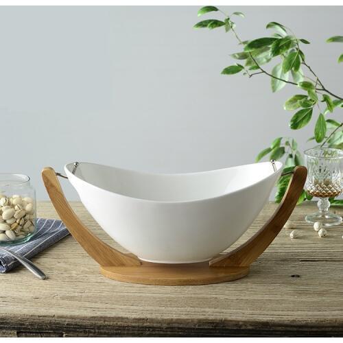 Hanging Ceramics and Bamboo Salad Bowl with Stand Decorative Porcelain Household Cradle Fruit Tray with Spoon Tableware Ornament