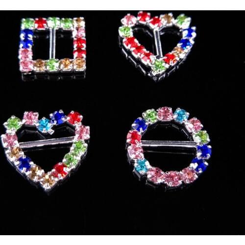 2018New 100Pcs Colorful Rhinestone Round Heart Square Buckle for Invitation Ribbon Slider For Wedding decoration HZ463-HZ466