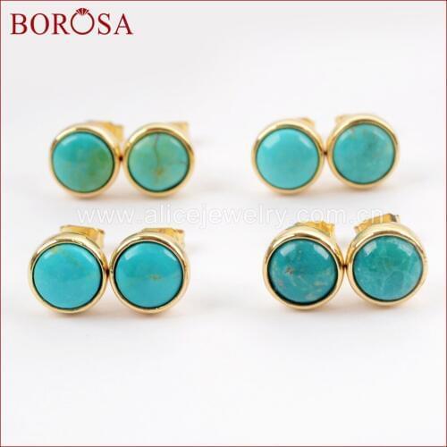 BOROSA 5Pairs Blue Natural Turquoises Stone Round Gold Color Bezel Natural Blue Stone Stud Earring Druzy Jewelry for Girl ZG0258