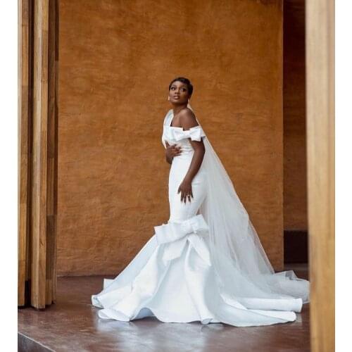 Vintage Long African Mermaid One Shoulder Wedding Dresses Sweep Train Zipper Back Satin Bridal Gowns for Women