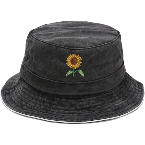 European and American Wash Vintage Old Fisherman Hat Ladies Sunflower Embroidered Sun Hat Outdoor Basin Hat Bucket Hat Unisex