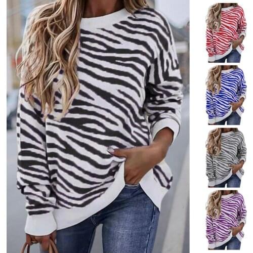 Zebr Stripe Print Sweater Womens Casual O Neck Tops Stylish Long Sleeve Loose Casual Top Autumn Multiple Matching T-shirt