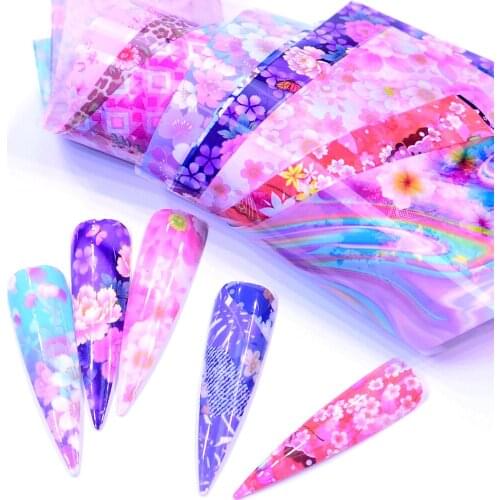 YWK 10pcs Rose Flowers Stickers On Nails Foil Transfer Starry Sky Summer Sliders For Manicure Nail Art Decals Decoration