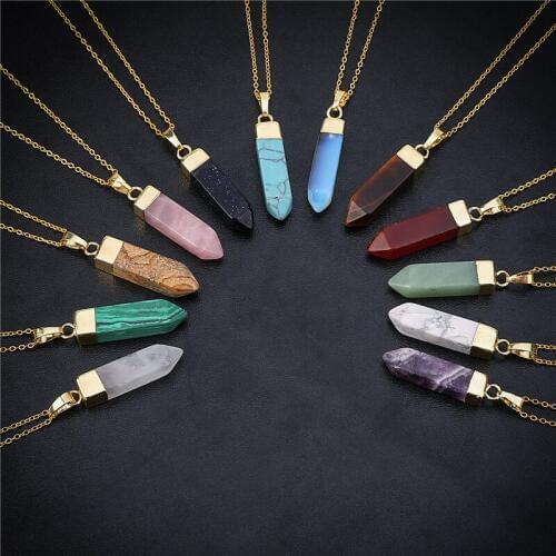 2018 Hexagonal Column Necklaces Men Natural Crystal Pendants Pink Stone Gold Chains Necklace For Women Fashion Jewelry