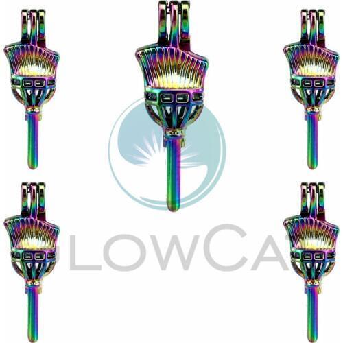 5X Rainbow Brush Pearl Cage Jewelry Findings Cage Locket Pendant Essential Oil Diffuser Locket For Oyster Pearl Necklace