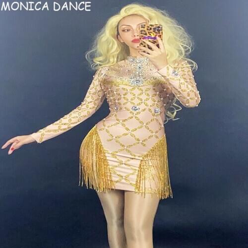 8 Color Sexy Nightclub Silver Gold Rhinestones Fringes Pearl Short Dress Birthday Celebrate Spandex Wear Prom Women Dance Dress