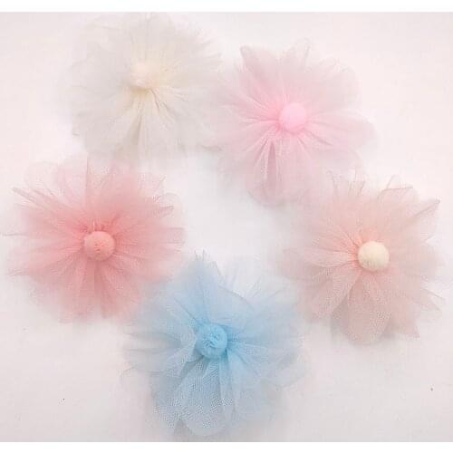 10Pcs 9cm Shiny Kawaii Chiffon Flower With Ball Applique for DIY Clothes Shoes Hat Headwear Clips Crafts Decor Patches
